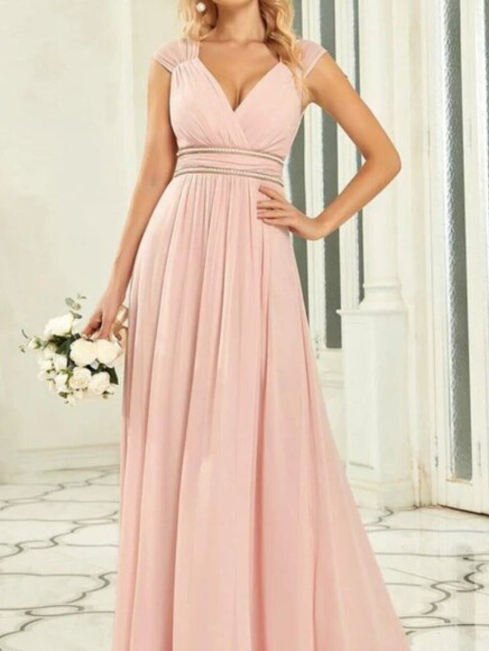 Ever-Pretty Womens V-Neck Sleeveless Beaded Belt Chiffon A-Line Evening Dress -